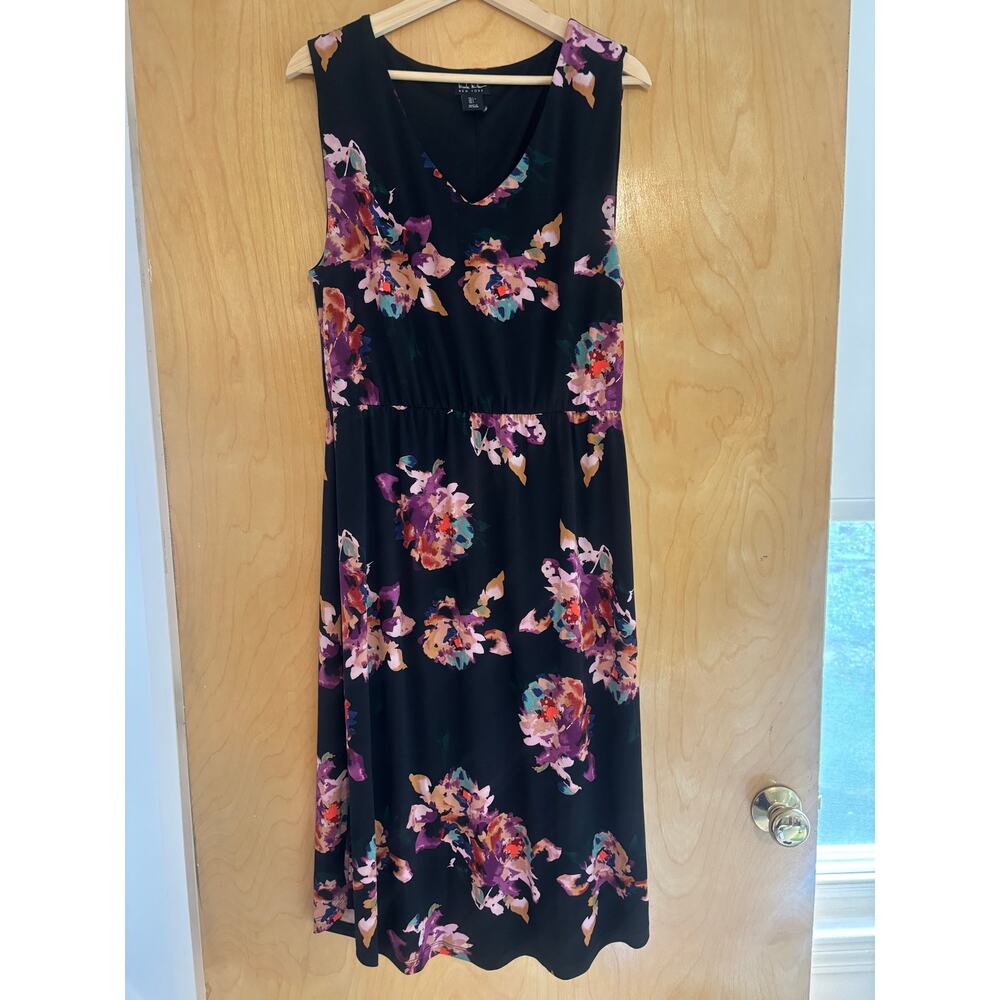 Nicole Miller New York Black Watercolor Floral Sleeveless Dress Size L